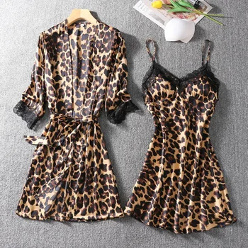 

Women's Robe Gown Set 2020 New Silk Leopard Robe And Nightdress 2 Pieces Home Suit Summer Sexy Lace Sleepwear Nightwear