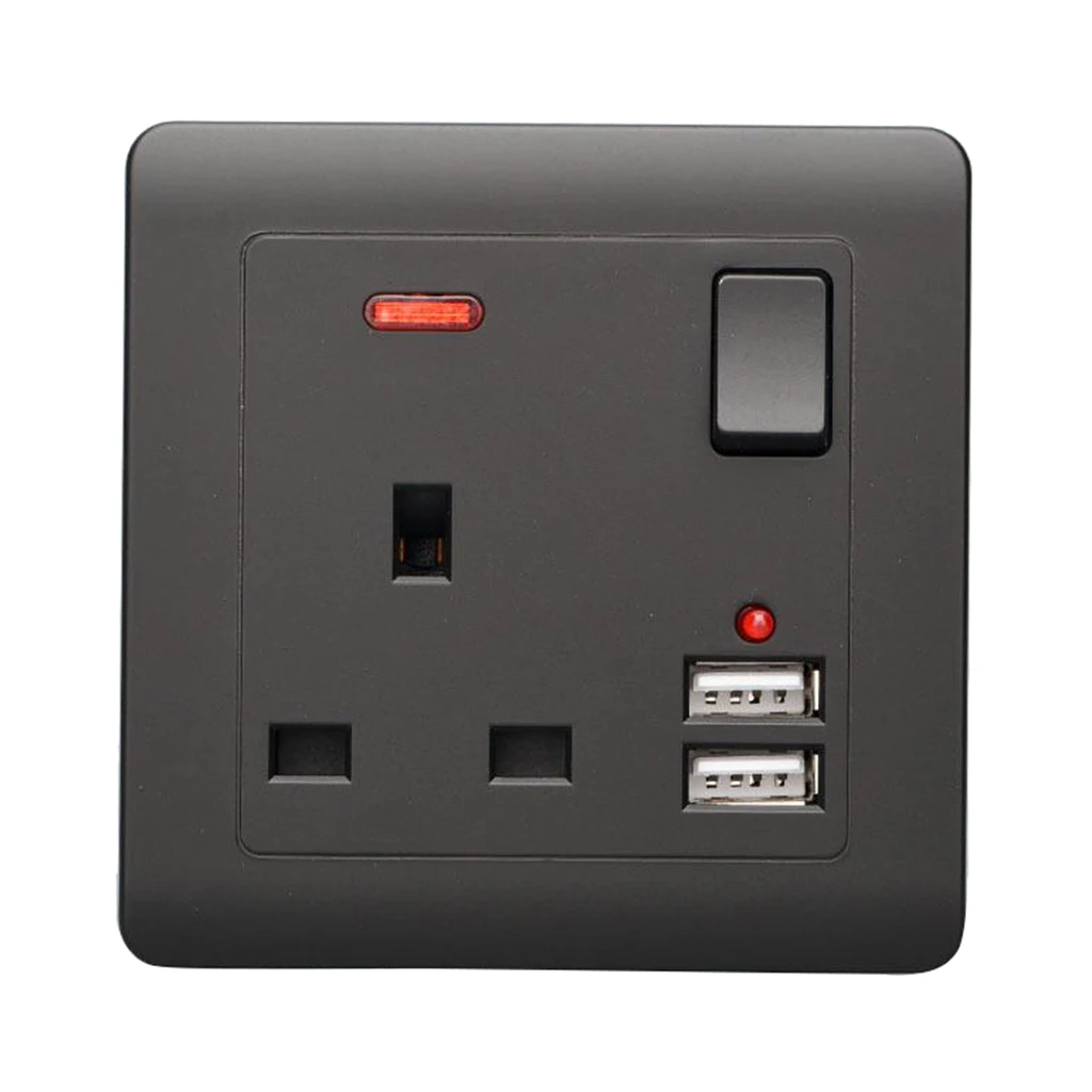 Electrical Wall Socket UK Plug with 2 USB Port Outlets Plate Universal Black