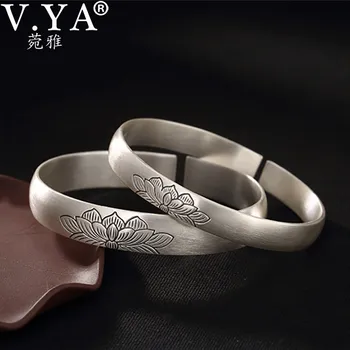 

V.YA 999 Silver Bangles Woman Jewelry Vintage Ethnic Lotus Thai Silver bracelet Opening Adjustable Cuff Bracelet