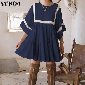

VONDA 2020 Women Dress Casual Loose Short Flare Sleeve Lace Patchwork Pleated Mini Dresses Loose Party Vestidos Plus Size S-5XL