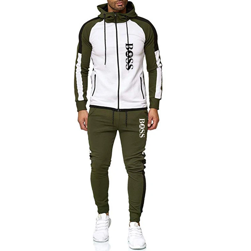 

New products 2020 men's casual sports suit striped color matching fashion sweater coat trousers two-piece suit