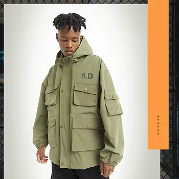 

Autumn New Tide Brand Safari Style Jacket Men's Multi-pocket Military Style Retro Hooded Men's Jacket