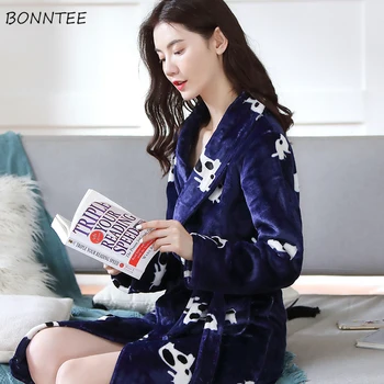 

Robes Women Korean Style High Quality Ladies Harajuku Couple Printed All-match Flannel Thicker Warm Winter Bathrobe Womens Chic