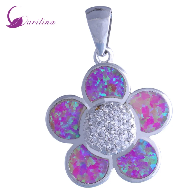 

High quality suppliers silver jewelry Flower White Cubic Zirconia Pink Fire Opal pendants P093