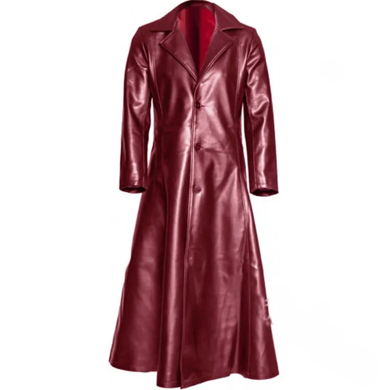 Men's Black Leather Long Trench Coat