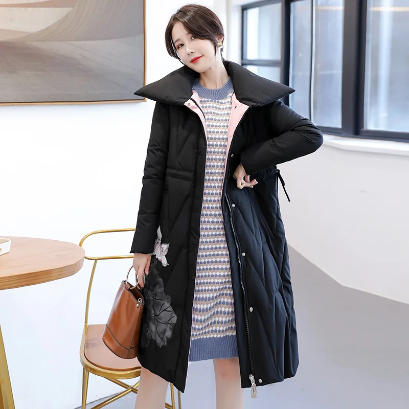 

Chinese-style Cotton Coat Women's Mid-length 2019 New Style Loose-Fit Drawstring down Feather Cotton-padded Jacket Printed Retro