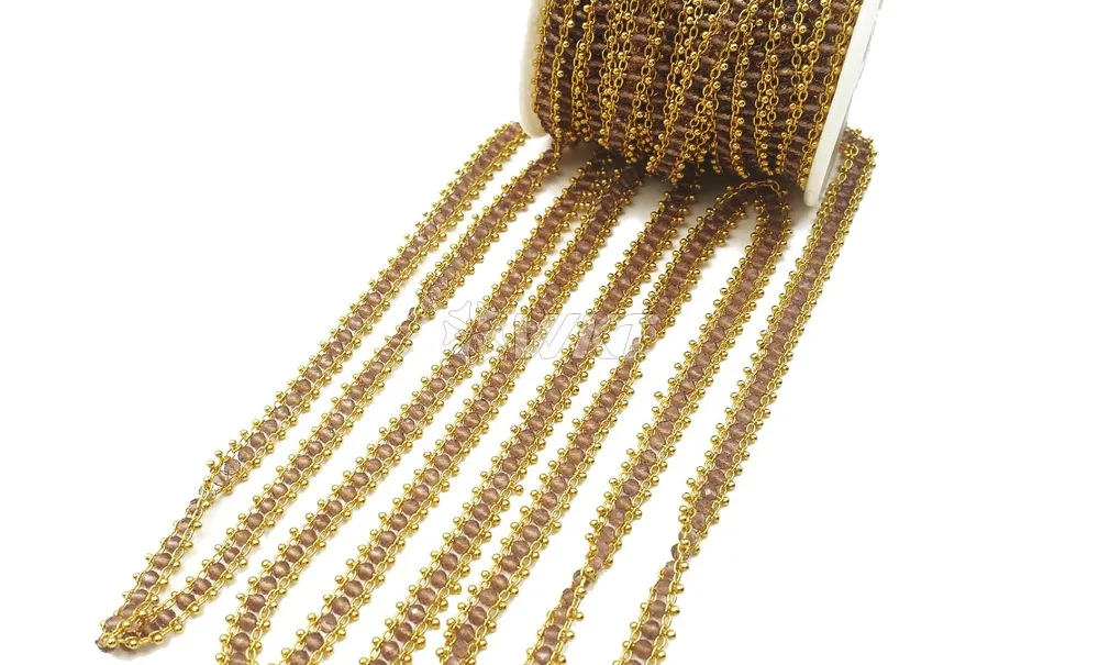 WT-RBC121 Natural Stone Chain Brown Stone Beads With Gold Electroplated Chain 3MM Beads Rosary Chain 10 meters For Jewel Making