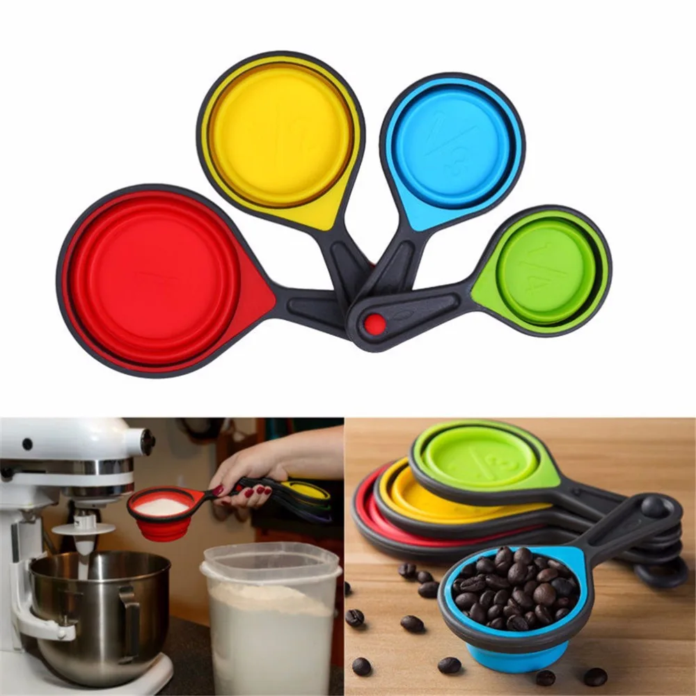 New 4pcs/Set Food Grade Silicone dioxide Measuring Cups Set Spoon Ice Cream Collapsible Baking Cook Tools Kitchen Tool | Дом и сад