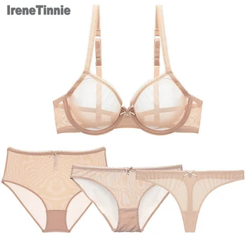 

Sexy Lingerie Lace Female Intimates Ultra-Thin Cup Women Fashion Bra Set Transparent Bras+Panties+Tong+High Waist Briefs