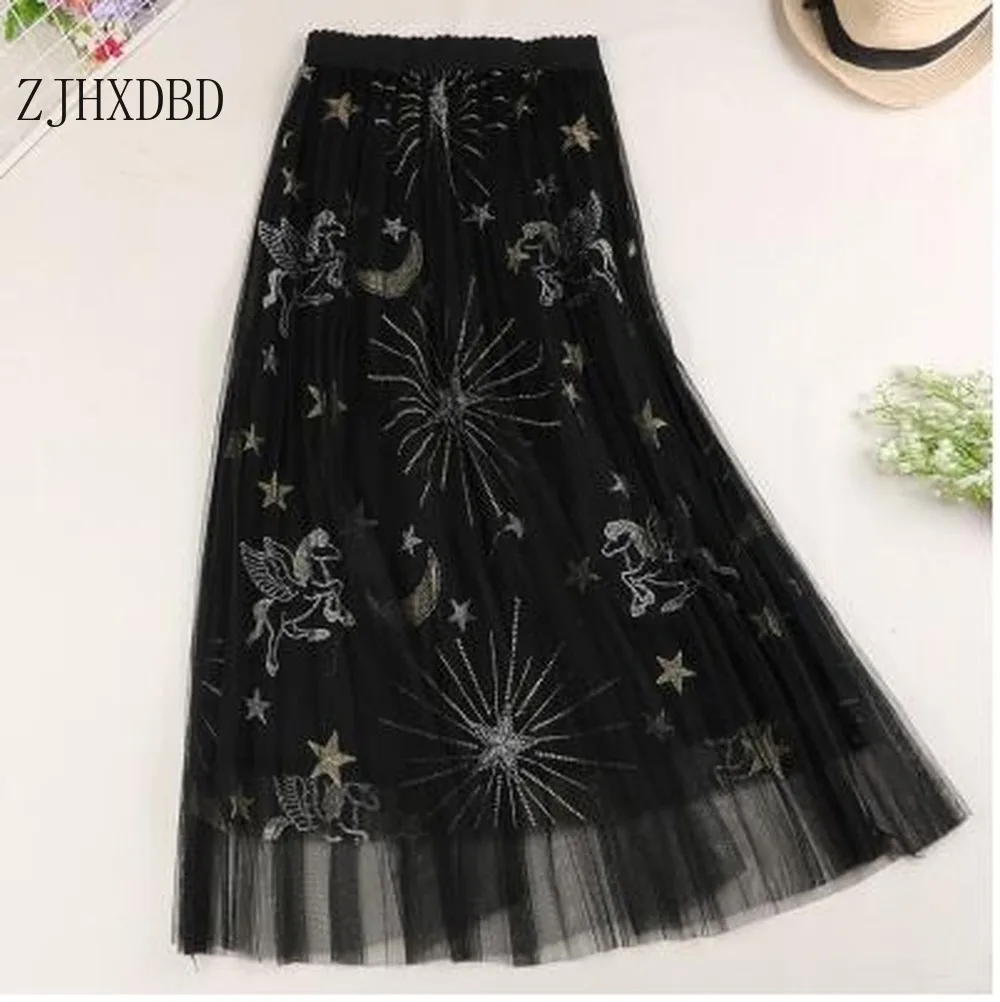 

2020 Sweet Embroidered Pleated Tulle Skirt Women Summer A Line Long Skirts High Waist Sequined Planets Mesh Maxi Skirts Clothes