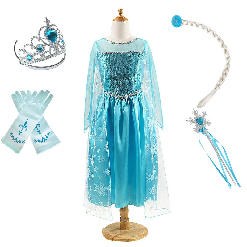 Girl Princess Dress Cosplay Elsa Costume Fancy Dress Kid Halloween Carnival Snow Queen Elza Clothing Party Blue Dress Girls Gift - Color: Elsa Set 3
