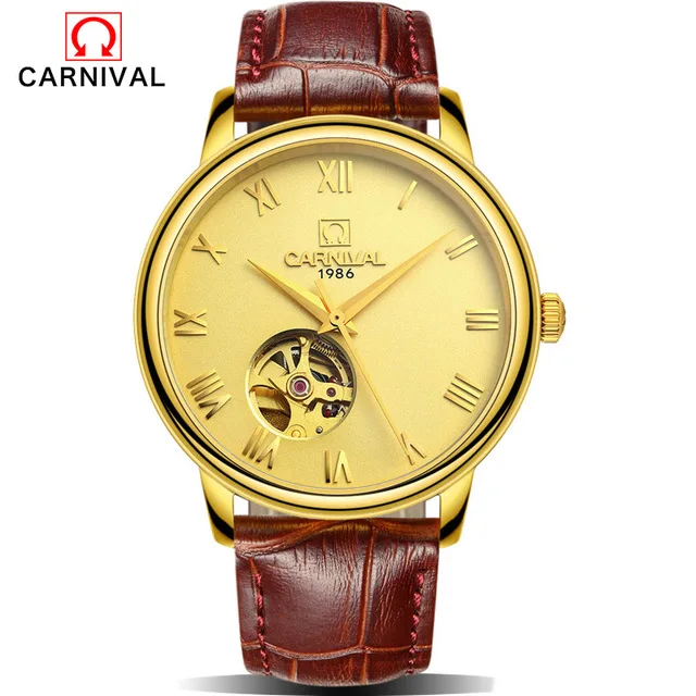 KARNEVAL myanner Mechanische Uhr GroE Dial luxusmarkengeschyaft mjanner Leder Uhren Uhr Armbanduhren Relogio Masculino Reloj - Цвет: Gold
