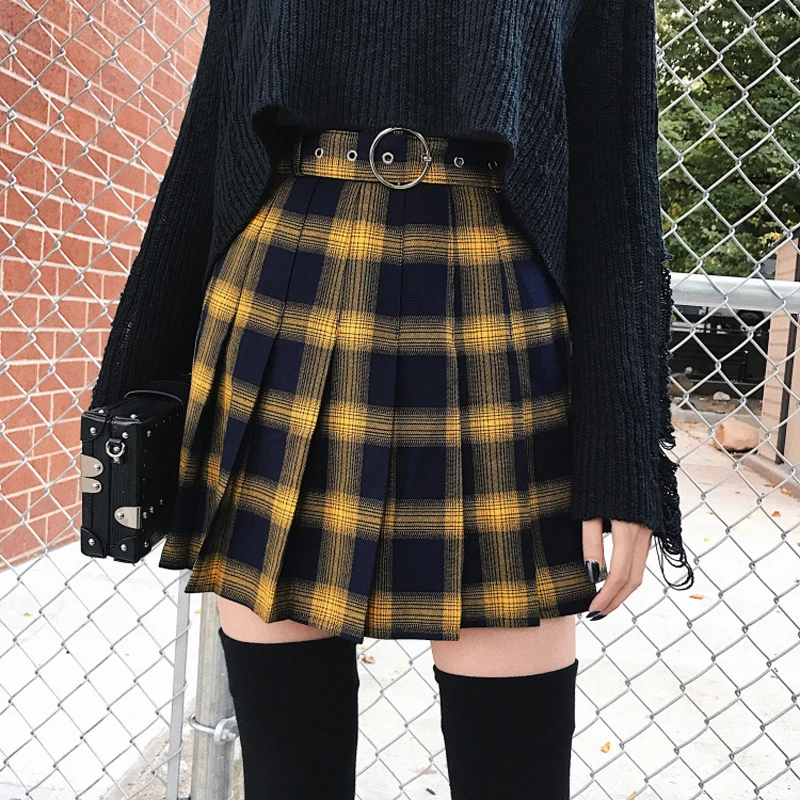 

Spring Summer Harajuku Women Fashion Skirts Cute Yellow Black Red Pleated Skirt Punk Style High Waist Female Mini Short Skirt