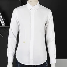 Европейская мода, Классическая вышитая пчелка, Мужская официальная Однотонная рубашка с длинными рукавами, плюс размер, XXXL, тонкая мужская рубашка из чистого хлопка