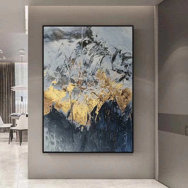 金箔の黒と白の手描きの抽象的な絵画金山モダンな抽象絵画玄関廊下