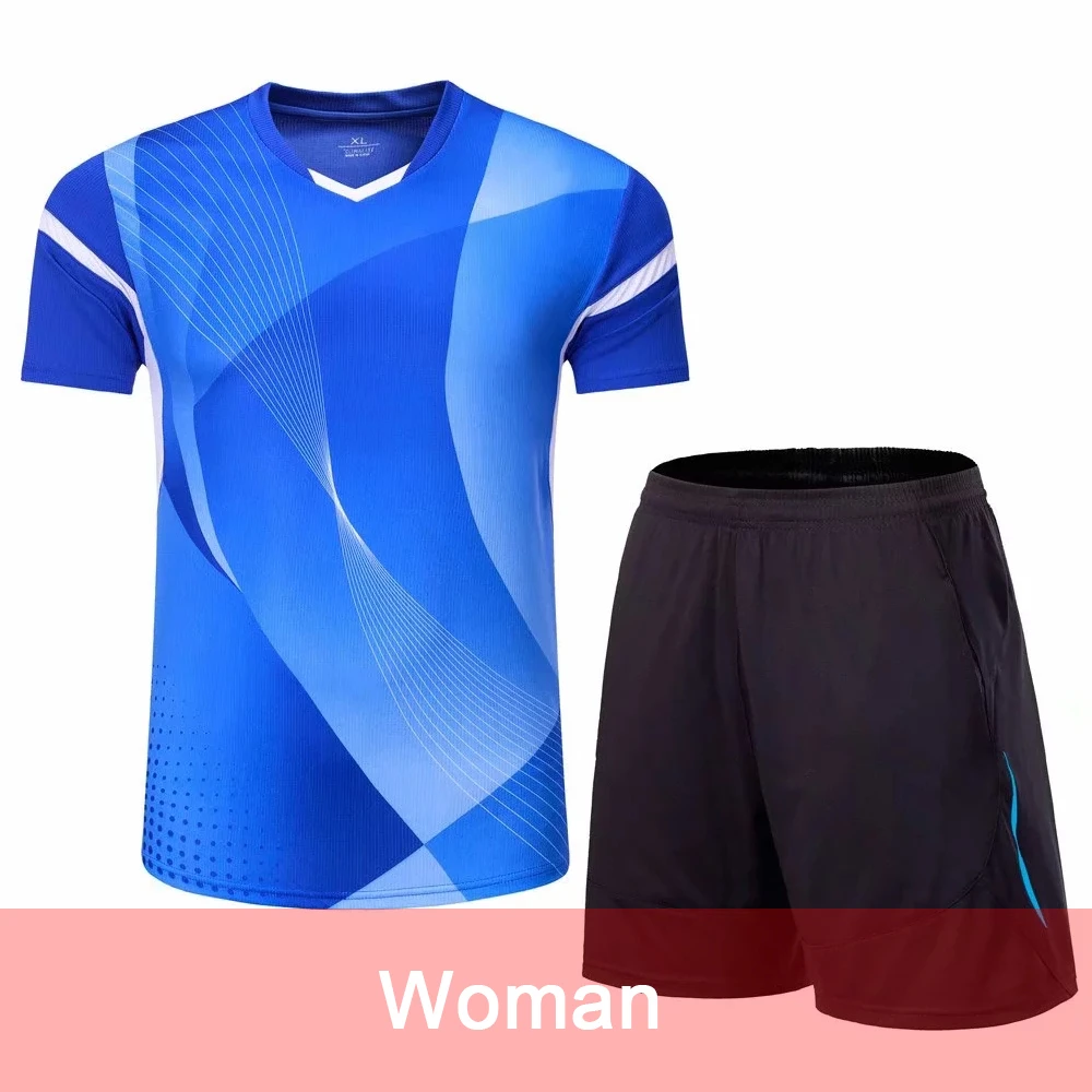 Tennis Sports T-Shirt Suit Quick Dry Short Sleeve For Male And Female Sweat Absorption Badminton Shirts& Shorts L973SHC - Color: Women Blue