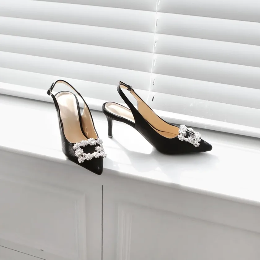 Новые летние женские босоножки с острым носком; модные туфли-лодочки из флока с ремешком на пятке; женские туфли-лодочки в сдержанном стиле с квадратной пряжкой на высоком каблуке - Цвет: black 10cm heels