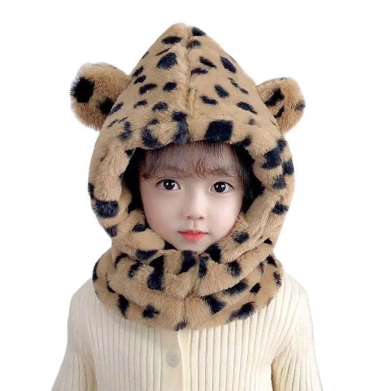 

Doitbest Leopard ears Children Winter hats beanies set Kids Child velvet hat scarf One piece beanie boys girls Earflap caps