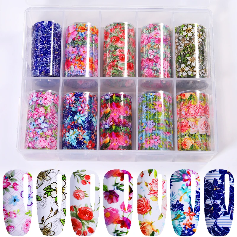 10 цветов/набор, Цветочные наклейки из фольги для ногтей, цветные, смешанные узоры, самоклеющиеся наклейки для ногтей, переводные наклейки для DIY, украшения для ногтей
