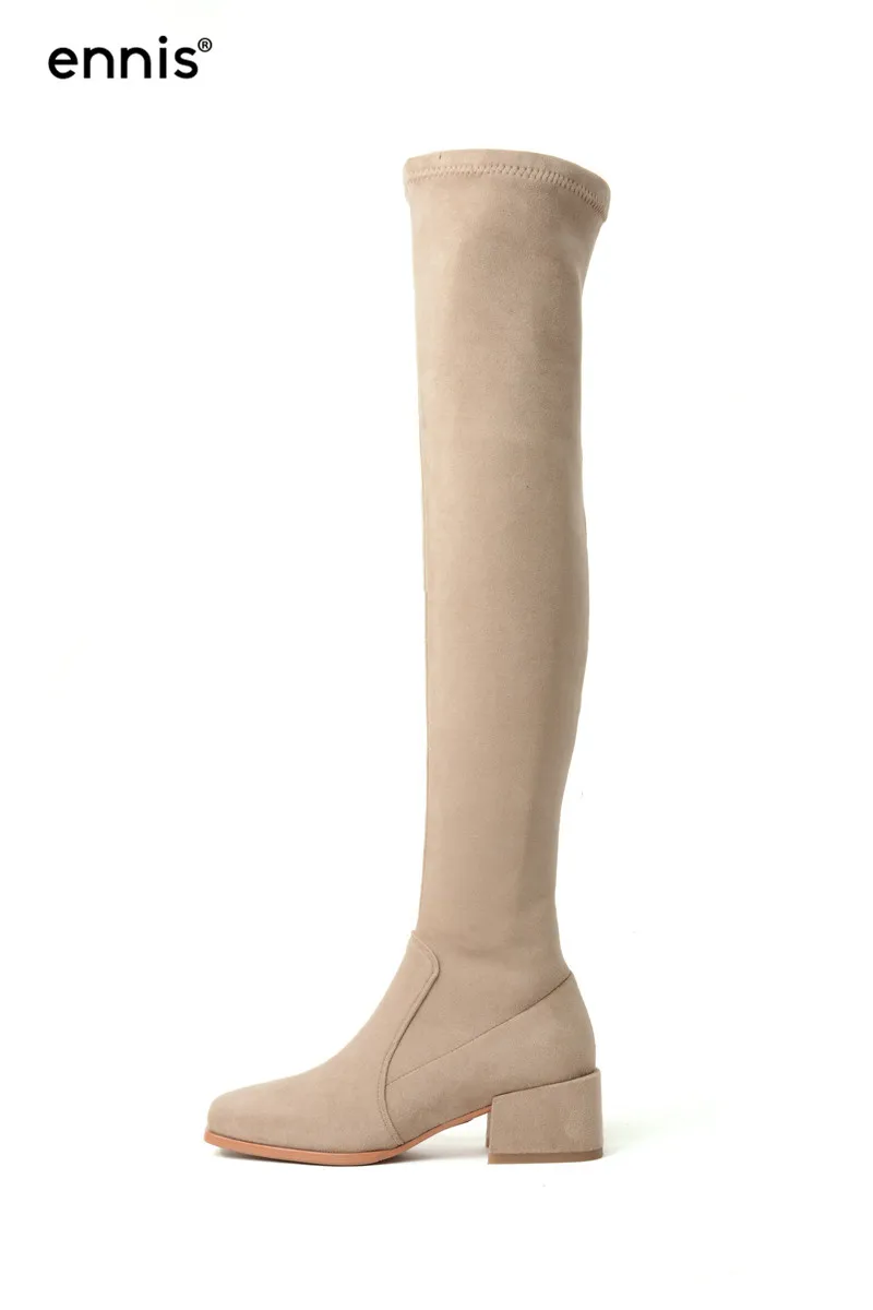 Suede Apricot ENNIS/брендовые облегающие Замшевые Сапоги выше колена женские эластичные сапоги осенне-зимняя обувь на среднем каблуке с квадратным носком Модные сапоги L919 - Цвет: Suede Apricot