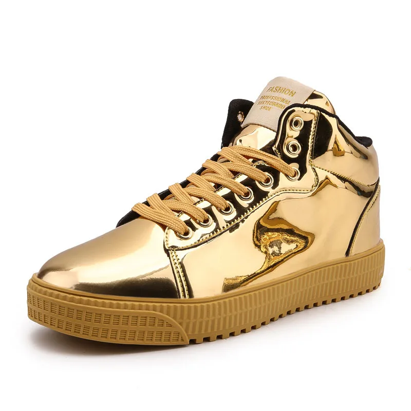 Повседневная кожаная обувь золотого, Серебряного и черного цветов; мужская обувь с высоким берцем; большие размеры; обувь для пары; кроссовки со шнуровкой; уличная мужская обувь - Цвет: Gold A