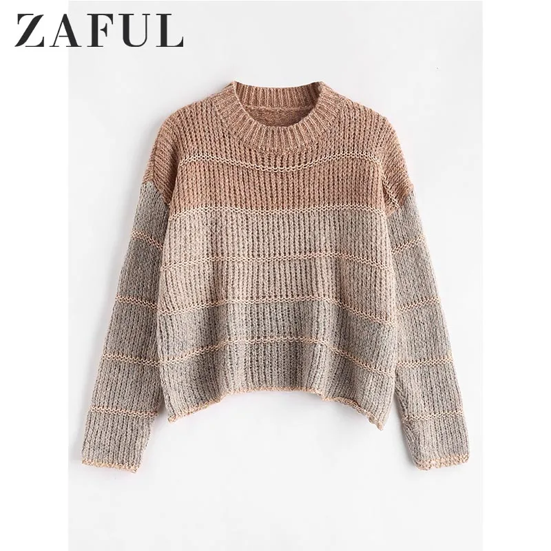 

ZAFUL Women Drop Shoulder Sweater Chunky Knit Loose Sweater Loose Short Micro Elastic Pullover Long Sleeve Sweater Crew Neck