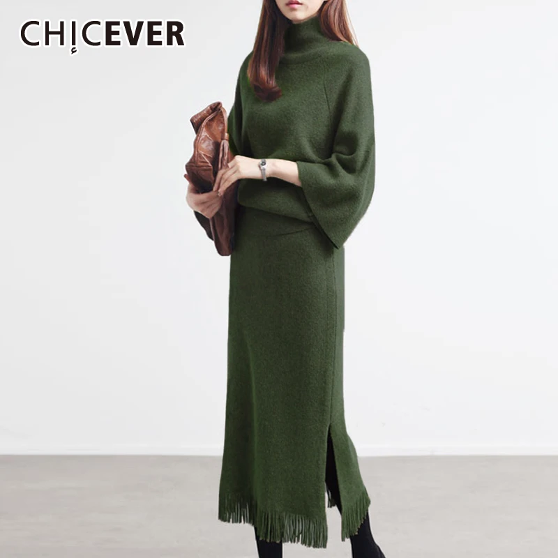 

CHICEVER Women's Suits Turtleneck Flare Sleeves Blouse Tassel Side Split Skirt Two Piece Set For Female 2019 Autumn Fashion New