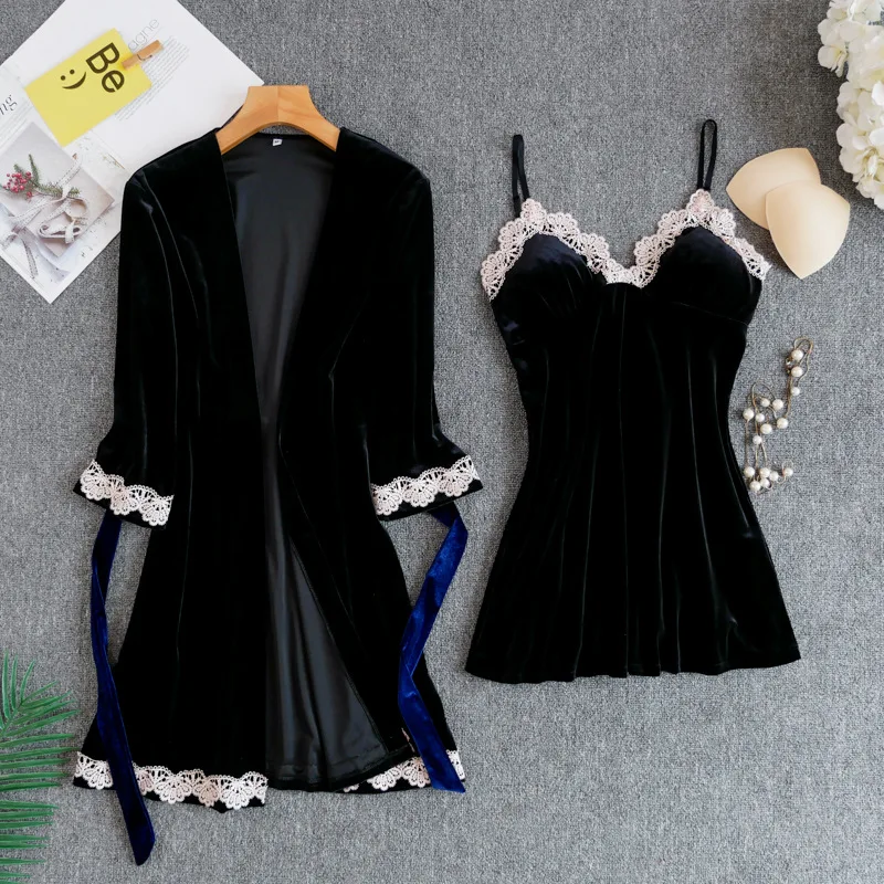 black Queenral, женский халат, платье, наборы, сексуальное, кружевное, для сна, Lounge, пижама, длинный рукав, ночная рубашка, халат, ночное платье с нагрудными накладками, одежда для сна - Color: black