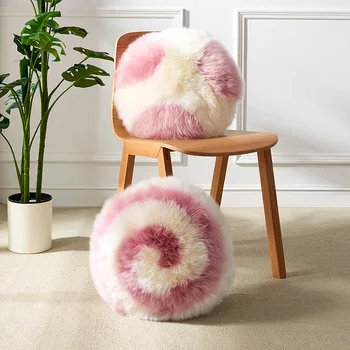 

Lollipop pink color round New Zealand sheepskin fur pillow without stuff home decor detachable sofa pillow without core
