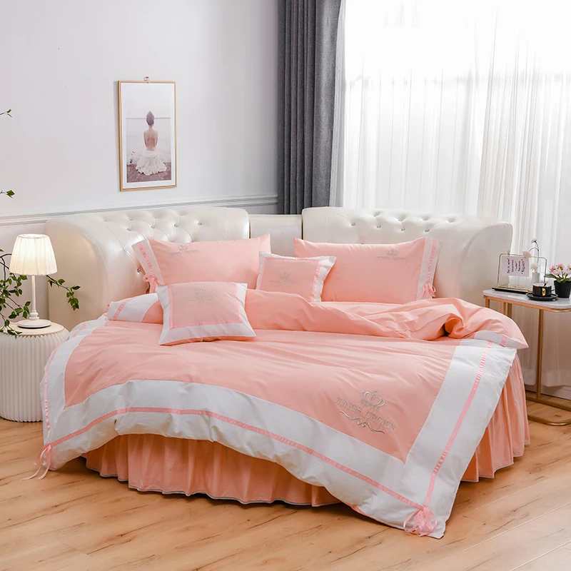 

100% Cotton Round Bed 4 PCS set Romantic Embroidery Pillowcase & Duvet Cover Fitted Sheet and Bed Skirt 200cm 220cm