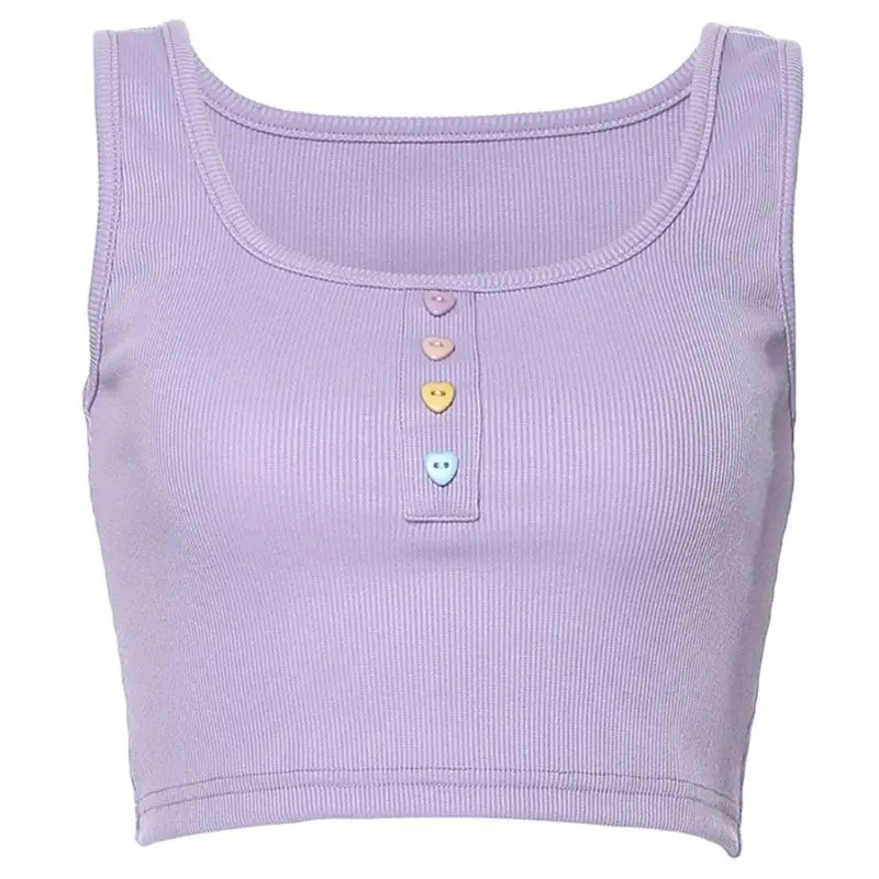 Женский сексуальный короткий топ с u-образным вырезом, яркий цвет, пуговицы в виде сердца, Трикотажный жилет в рубчик, фиолетовый, с открытыми плечами, Harajuku, тонкая рубашка