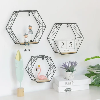 

Elegant Style Wall Mounted Hexagon Iron Art Storage Shelf Hanging Flower Plant Pot Living Room Decor Book Rack