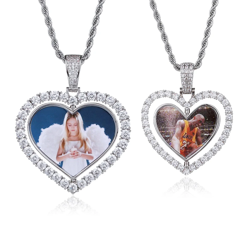 

Hip Hop Custom Made Photo Heart Rotating Double-sided Iced Out Bling Cubic Zircon Necklace&Pendant For Men Jewelry Large Small