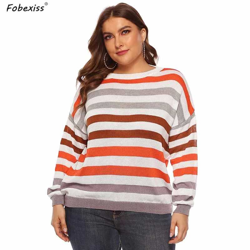 

Orange Plus Size Striped Sweater Fall Woman Thin Loose Casual Pullover O Neck Slim Jumper 2019 Autumn Korean Style Sweater Woman