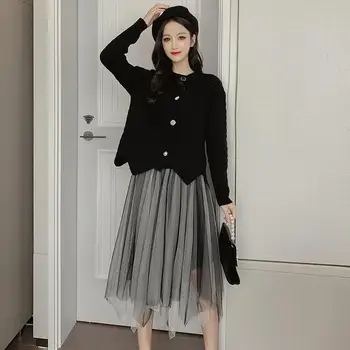 

Autumn Winter Skirt Set Women Mesh Midi Skirt Long Sleeve Knit Sweater Suit Solid Knitted Loose Outfit