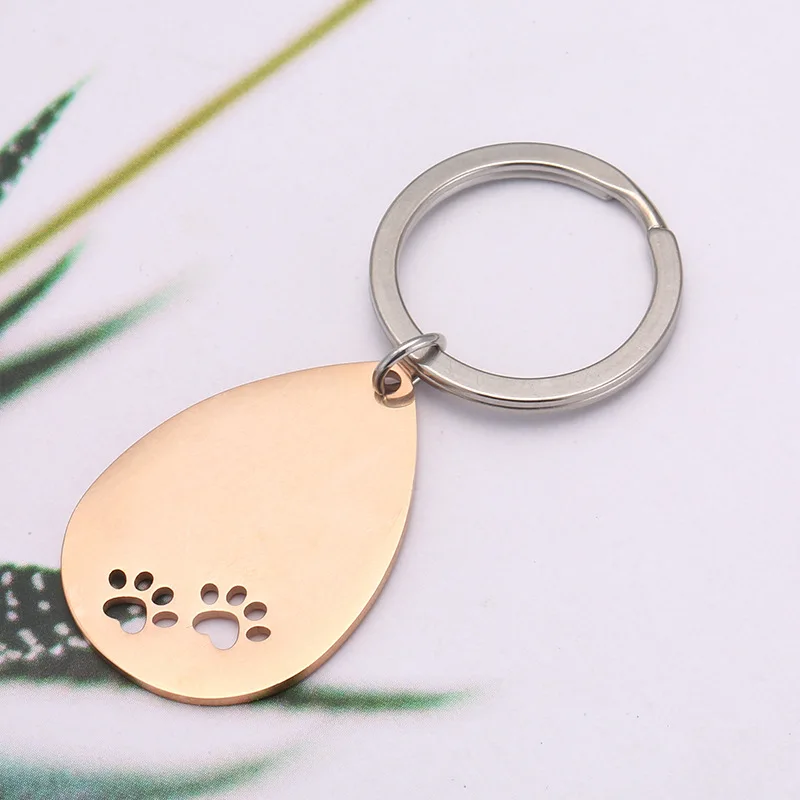 

304 Steel Keychain Fine Polishing DIY Pet Dog Footprints Feet Name Lettered Customizable Water Droplet Shape