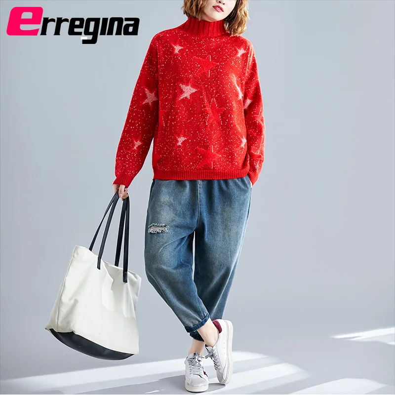 

Erregina Autumn Winter Women Knitted Turtleneck Sweater Casual Soft Jacquard Stars Jumper Fashion Slim Femme Pullovers To