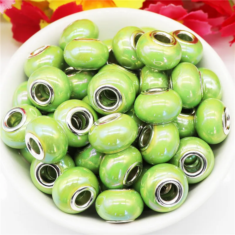 10Pcs Pink Color Smooth Surface European Resin Murano Large Hole Spacer Beads Charms for Bracelet DIY Craft Bracelet Necklace