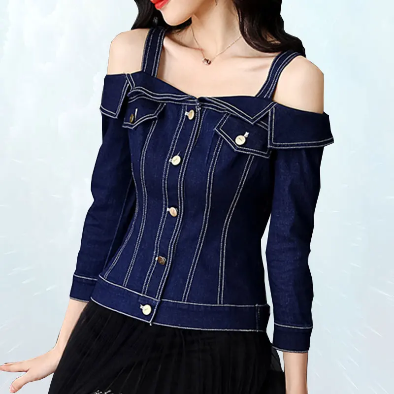 

2019 Summer Denim Jacket Women Short One Word Collar Sexy Jeans Jackets Sling Strapless Shoulder Coat Female Clothing SL317