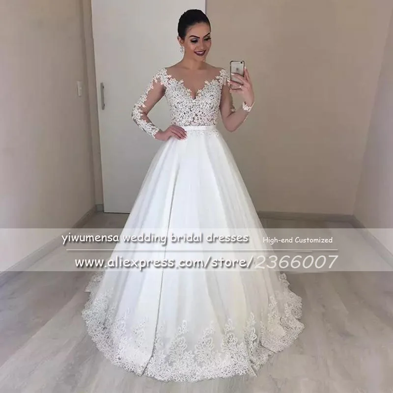 Luxury Princess A Line Country Beaded Bridal Dresses Illusion Sheer O Neck Long Sleeves Wedding Dress Plus Size Robe De Mariee sexy wedding dresses Wedding Dresses