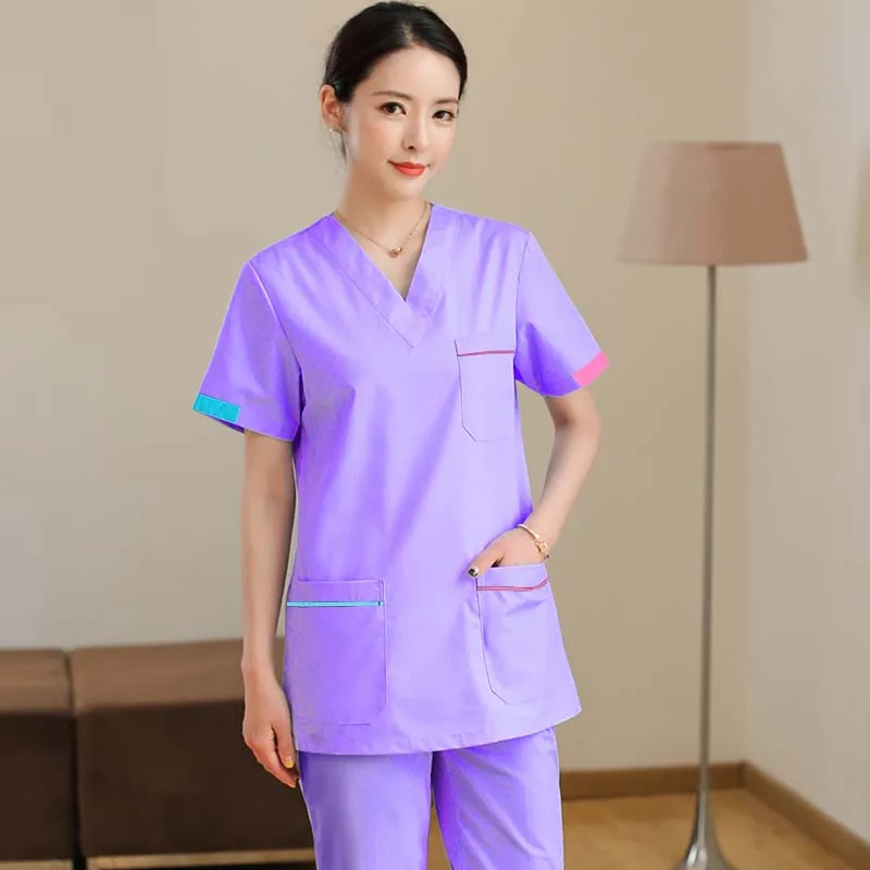 Billige [TOP] frauen Mode Peeling Tops Kurzarm Medizinische Uniformen Farbe blocking Design Baumwolle V Neck Krankenschwester kleidung