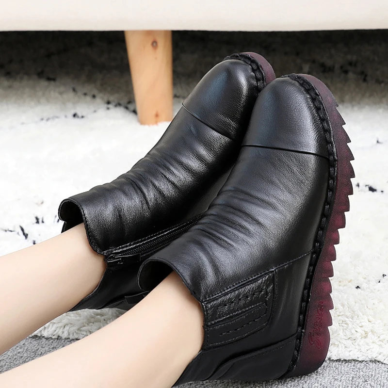 

Genuine Leather winter Women short boots plus velvet Side zipper ankle boots retro Woman boots platform shoes