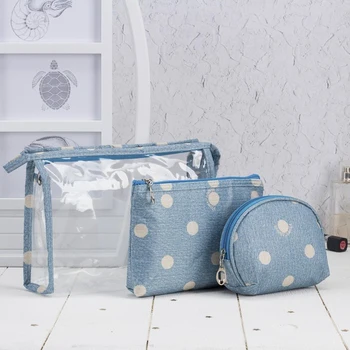 

3-in-1 cosmetic bag set, zippered compartment, blue
