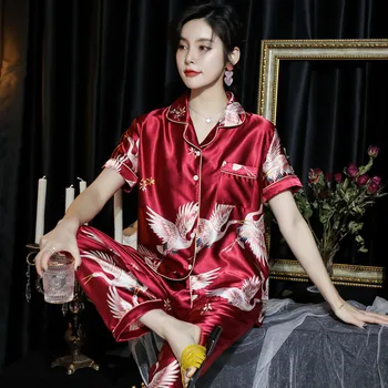 

Spring Summer Women's Pajamas Short-Sleeved Air Conditioning Clothes Silk Leisure Tops Women's Homewear Home Suit Sleepwear