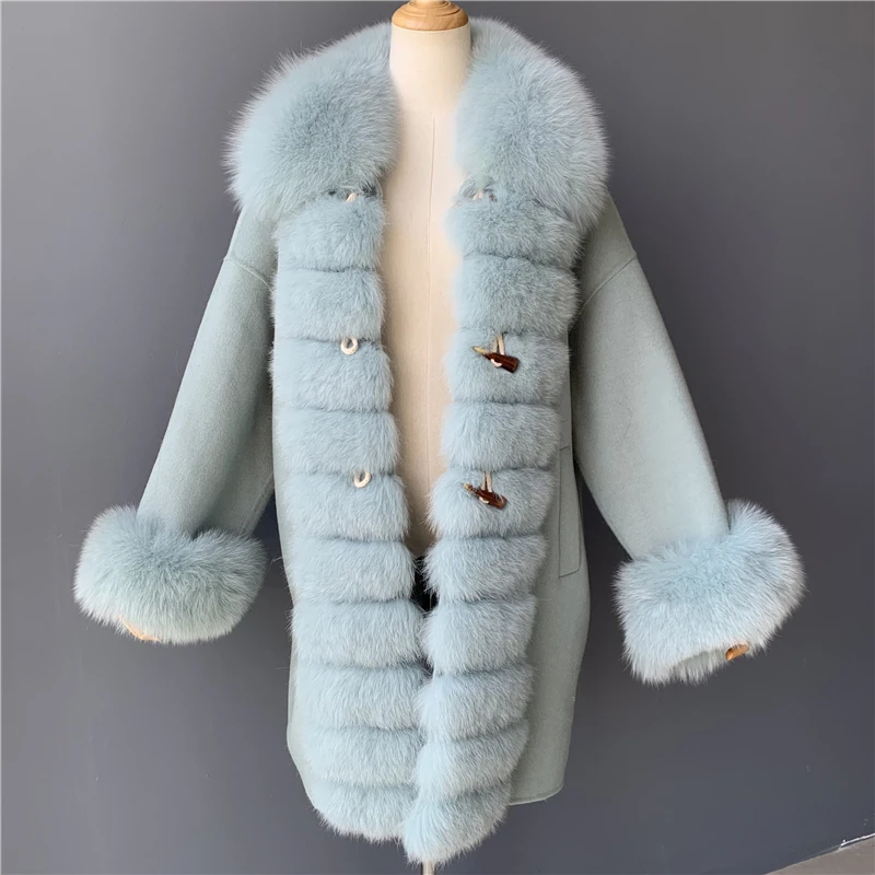 MAOMAOFUR кашемировое пальто Женская длинная стильная синяя Розовая Одежда с воротником из натурального меха лисы одежда в полоску Женская шерстяная куртка