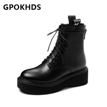 

GPOKHDS 2021 women Ankle boots Cow leather Winter short plush Round Toe Platform High heels female Riding boots size 40