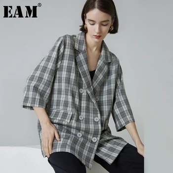

[EAM] Women Plaid Big Size Blazer New Lapel Three-quarter Sleeve Loose Fit Jacket Fashion Tide Spring Autumn 2020 1X228
