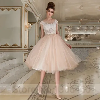 

Simple A Line Knee Length Wedding Dress 2019 vestido de noiva curto Tulle Bridal Gown Sexy Illusion Scoop Neck Wedding Gowns