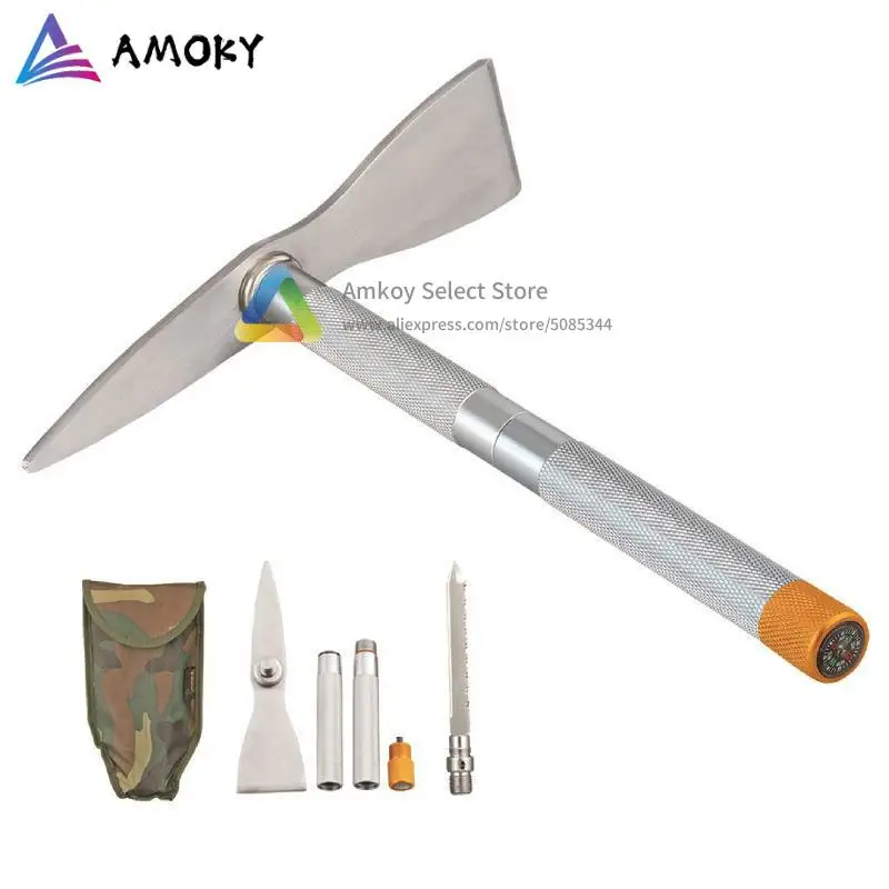 

AMKOY Multifunction Outdoor Stainless Steel Pickaxe Foldable Shovel Durable Portable Pickaxe with Knife Saw Compass Hiking Tool