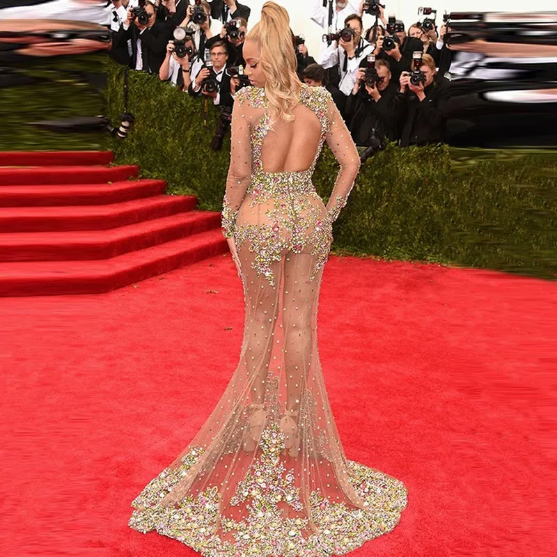 Vestido de Festa Beyonce сексуальное прозрачное платье русалки с кристаллами телесного цвета с длинным рукавом для выпускного вечера платья для матери невесты